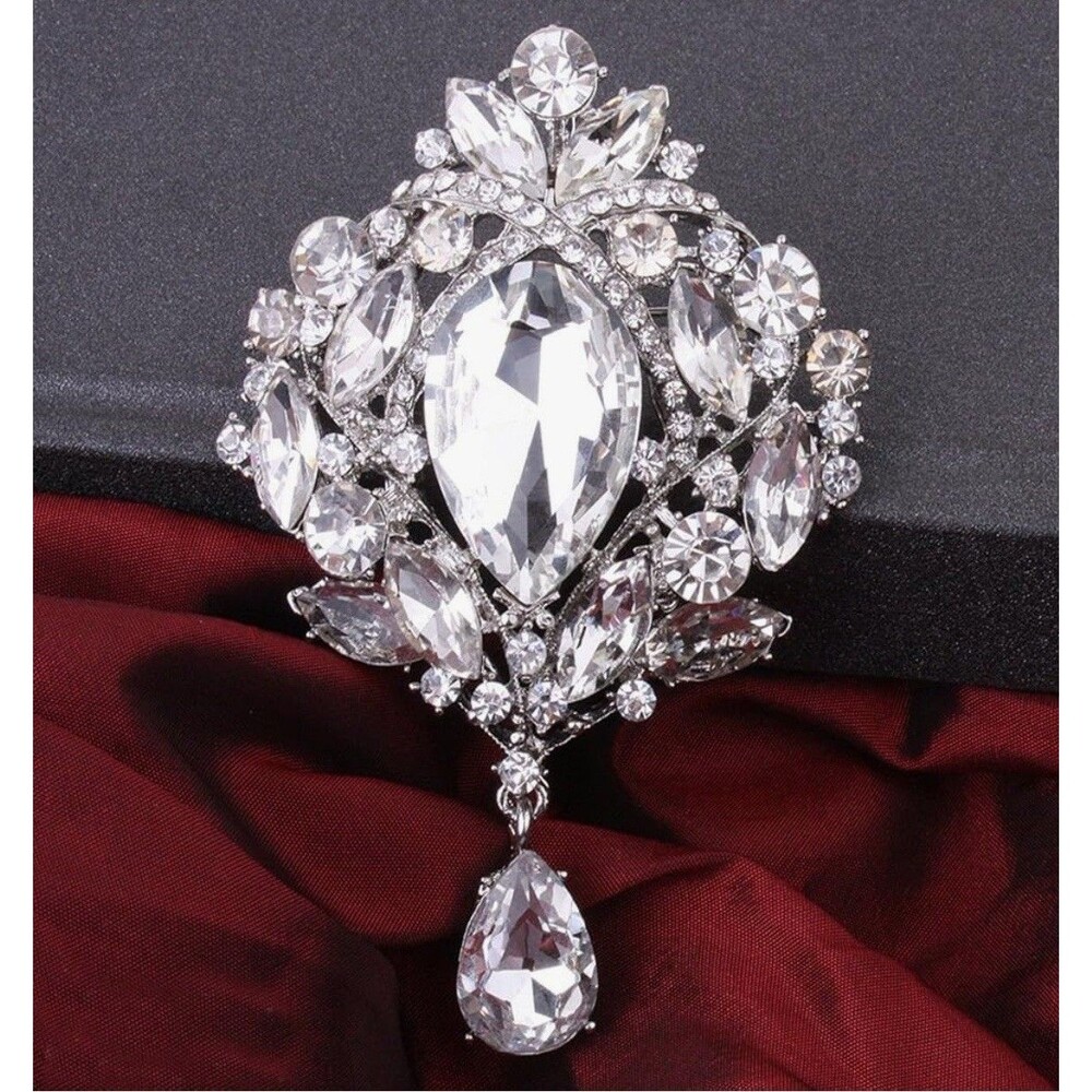 Crystal Pin Large Dangle Drop Bridal Bouquet Silver Tone Brooch Fashion DIY
